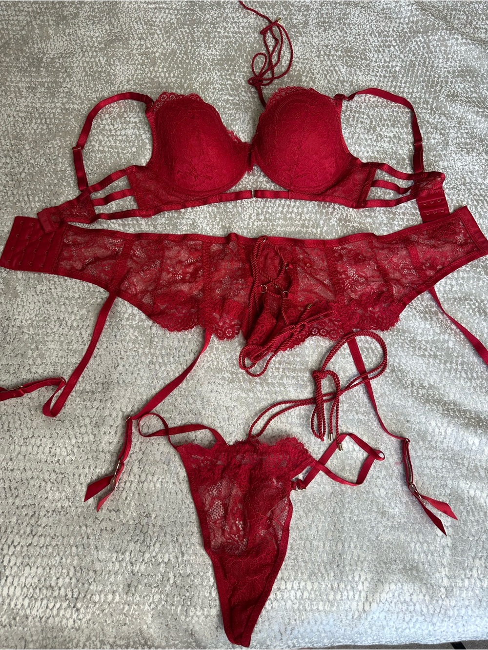 Red Rope Lace Bra & Garter Set - Women Intimates
